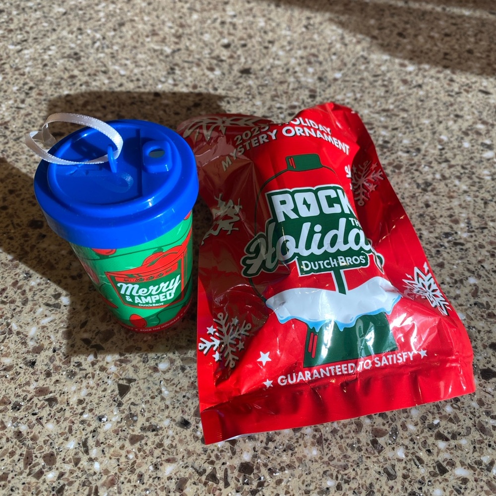 Dutch Bros Merry & Amped Holiday Mini Cup Ornament - Blue & Green